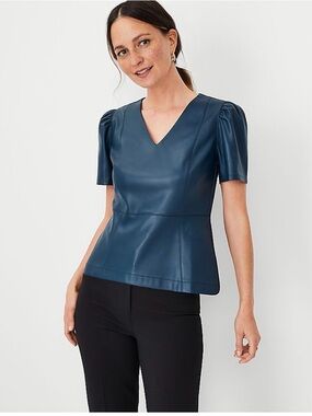 Ann Taylor Faux Leather V-Neck Top in Deep Teal Blue